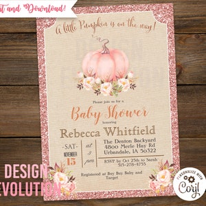 TRY THE DEMO - Pumpkin Fall Autumn Floral Baby Shower Pumpkin Baby Shower Little Pumpkin Rustic Glitter Girl Baby Shower Glitter Invitation