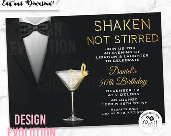Martini Birthday Invitation: Shaken Not Stirred, Tuxedo (Digital Download)