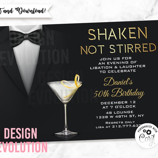 TRY DEMO FIRST - Shaken not Stirred Martini Secret Agent Spy Tuxedo Black Tie Surprise 21st 30th 40th 50th 60th 70th Birthday Invitation