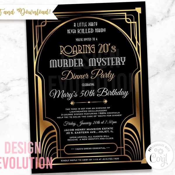 TRY DEMO FIRST - Roaring 20's 1920s Murder Mystery Great Gatsby Cotton Club Jazz Age Prohibition Speakeasy Birthday Invitation