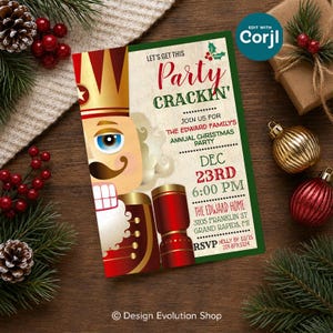 May include: A rectangular Christmas party invitation featuring a nutcracker illustration on the left and text on the right that reads: Let's get this Party Crackin', Join us for the Edward Family's Annual Christmas Party, Dec 23rd 6:00 PM.