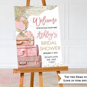 TRY DEMO FIRST - Size: 24x 36 Traveling from Miss to Mrs Bridal Shower Poster Welcome Sign