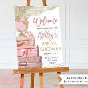 TRY DEMO FIRST - Size: 24x 36 Traveling from Miss to Mrs Bridal Shower Poster Welcome Sign