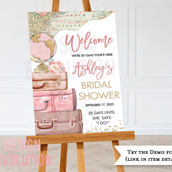 TRY DEMO FIRST - Size: 24x 36 Traveling from Miss to Mrs Bridal Shower Poster Welcome Sign