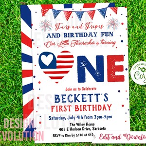 TRY DEMO FIRST - 4th of July Birthday First Birthday 1st Birthday Little Firecracker Invitation