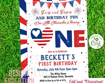 May include: Red, white, and blue birthday invitation with a heart-shaped American flag and the number one. The invitation says "Stars and Stripes and Birthday Fun" and "Our Little Firecracker is turning One". It also says "Join us to Celebrate Beckett's First Birthday" and includes the date, time, and location of the party.