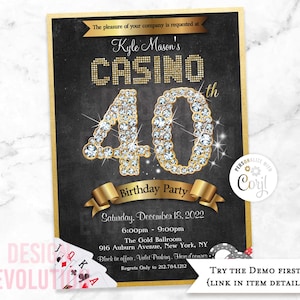 TRY DEMO FIRST - 40th Birthday Casino Las Vegas Casino Royale Poker Night Playing Cards Diamonds Dice Birthday Invitation