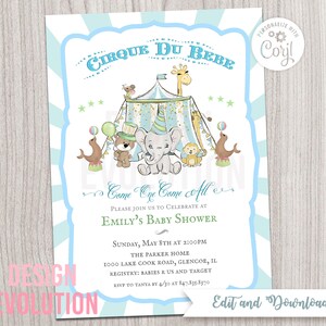 TRY DEMO FIRST - Cirque du Bebe Circus Baby Shower Carnival Boy Baby Shower Elephant Circus Animals Invitation