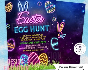 TRY DEMO FIRST - Easter Egg Hunt Neon Glow in the Dark Bunny Easter Eggs Easter Games Egg Hunt Invitation