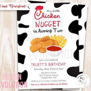 TRY DEMO FIRST: Any Age Chicken Nugget Little Nugget Fast Food Child Children Cow Moo French Fries Waffle Fries Birthday Invitation