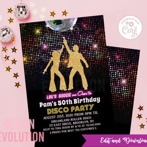 TRY DEMO FIRST - Disco Party Retro Adult 1970s 70s Disco Ball Glitter Birthday Invitation