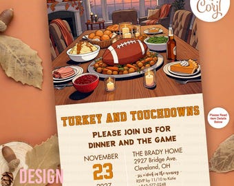 Turkey and Touchdowns Football Friendsgiving Thanksgiving Dinner Party Holiday Invitation (Digital Download)