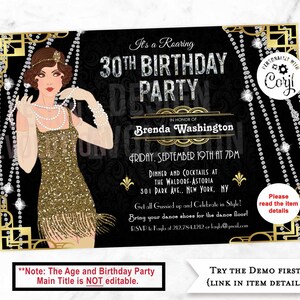 TRY DEMO FIRST - 30th Birthday Art Deco Great Gatsby Flapper Girl Cotton Club Jazz Age 1920s Roaring 20&#39;s Speakeasy Birthday Invitation