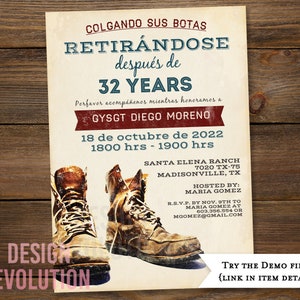 TRY DEMO FIRST - Invitación Militar en Español Military Spanish Invitation Construction Laborer Carpenter Retirement Invitation