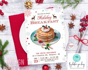 Peut inclure: Une invitation au petit-déjeuner de Noël rouge et verte avec une illustration festive d'une pile de crêpes garnies de crème fouettée et de sirop. L'invitation comprend le texte "Rejoignez-nous pour notre petit-déjeuner de Noël annuel" et les détails de l'événement, y compris la date, l'heure et le lieu.