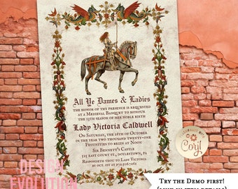TRY DEMO FIRST - Any Age Medieval Renaissance Middle Ages Dragon Knight Renfaire Birthday Invitation