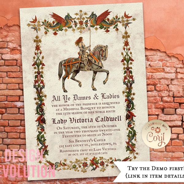 TRY DEMO FIRST - Any Age Medieval Renaissance Middle Ages Dragon Knight Renfaire Birthday Invitation