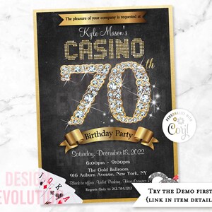TRY DEMO FIRST - 70th Birthday Casino Las Vegas Casino Royale Poker Night Playing Cards Diamonds Dice Birthday Invitation