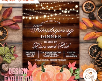 TRY DEMO FIRST - Rustic Friendsgiving Thanksgiving Pumpkin String Lights Invitation