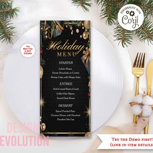 TRY DEMO FIRST -  Size: 4 x 9.25 Holiday Menu Black and Gold Place Setting Elegant Holiday Dinner Menu