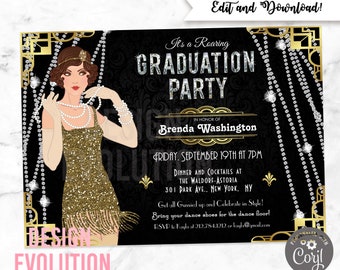 TRY DEMO FIRST - Graduation Great Gatsby Flapper Girl Cotton Club Jazz Age 1920s Roaring 20's Speakeasy Invitation