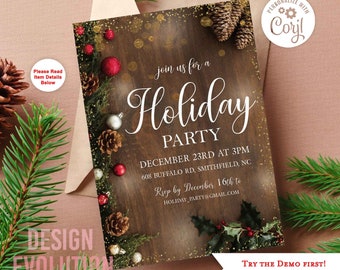 May include: A rustic woodgrain background with gold glitter and pine branches. The text "join us for a Holiday Party" is written in white script. The date and time of the party are listed below, along with the address and RSVP information. The text "PERSONALIZE WITH Coril" is in the top right corner.