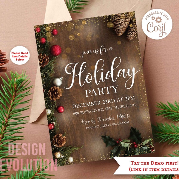 TRY DEMO FIRST - Holiday Winter Christmas Party Lights Pinecone Mistletoe Rustic Invitation