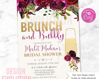 TRY THE DEMO - Burgundy Marsala Brunch and Bubbly Bridal Shower Brunch Wine Bridal Shower Wine Glass Brunch with the Bride Floral Invitation