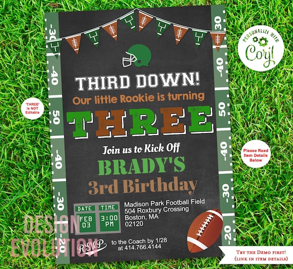 TRY DEMO FIRST - Third Down Touchdown Football Sports Chalkboard 3rd Birthday Invitation