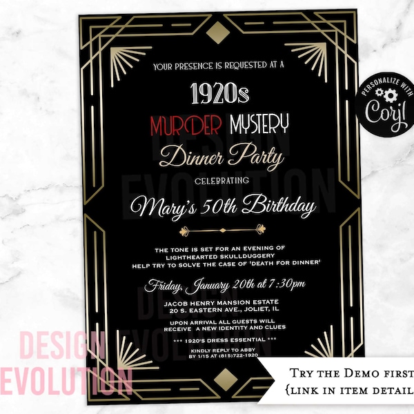 TRY DEMO FIRST - Roaring 20s 1920s Murder Mystery Great Gatsby Cotton Club Jazz Age Prohibition Speakeasy Birthday Invitation