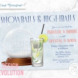 TRY DEMO FIRST - Holiday Winter Christmas Party Cocktail Party Highball Drinks Alcohol Liquor Snowball Snow Globe Invitation