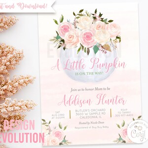 TRY DEMO FIRST - A Little Pumpkin is on the Way Fall Autumn Pumpkin Girl Floral Baby Shower Invitation