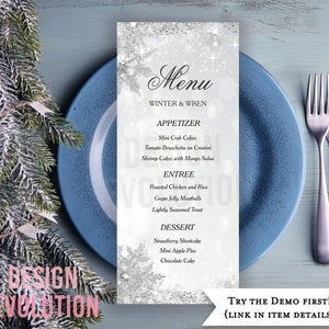 May include: A winter-themed menu with a silver snowflake background. The menu is titled "Winter & Wren" and lists appetizers, entrees, and desserts. The text "Try the Demo First! (Link in Item Details)" is at the bottom of the menu.