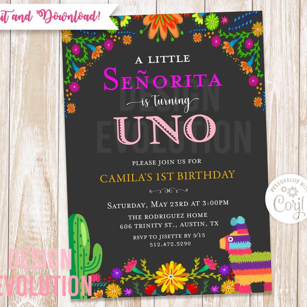 TRY DEMO FIRST - Little Senorita Fiesta Mexican Cactus Piñata Floral Flowers Birthday Invitation