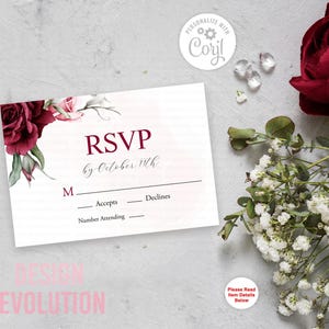 Try Demo First - Size: 3.5 x 5 Fall Burgundy Merlot Floral Watercolor RSVP Reply Card Response Card Enclosure Wedding Invitation