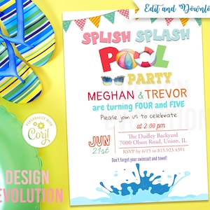 TRY DEMO FIRST - Splish Splash Dual Sibling Double Joint Pool Party Birthday Invitation