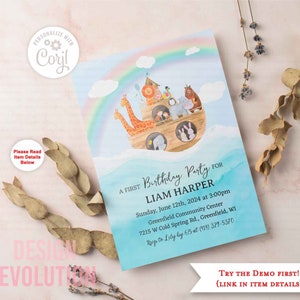 TRY DEMO FIRST -  Any Age Noah&#39;s Ark Animals Watercolor Noah&#39;s Arc Birthday Invitation