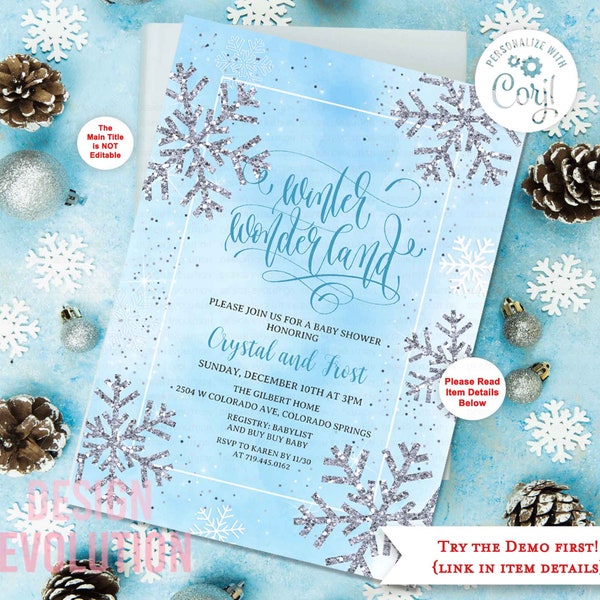 TRY THE DEMO - Any Event Winter Wonderland Silver and Blue Watercolor Snowflake Glitter 1st Birthday Baby Shower Birthday Winter Invitation