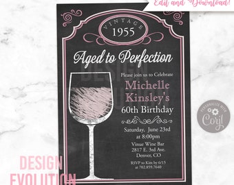 TRY DEMO FIRST - Aged to Perfection Wine Birthday Wine Tasting Wine Country Vineyard Wine Glass Chalk Chalkboard Invitation