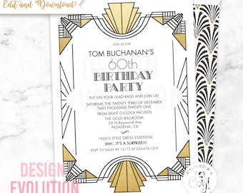 Art Deco Birthday Invitation – Roaring 20s Gatsby Style (Digital Download)