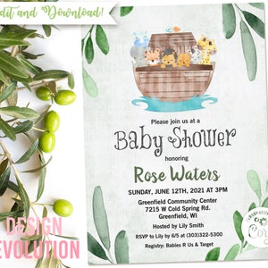 TRY DEMO FIRST - Noah&#39;s Ark Animals Watercolor Baby Shower Invitation