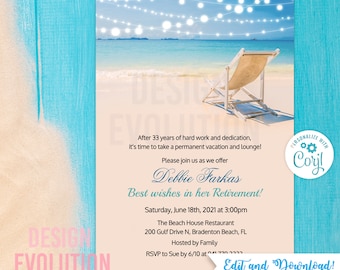 TRY DEMO FIRST - Beach Theme Nautical Ocean Sea Outer banks Retirement Invitation