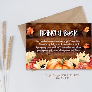 TRY DEMO FIRST - Size 5 x 3.5 Fall Autumn Baby Shower Books for Baby Bring a Book Insert Cards