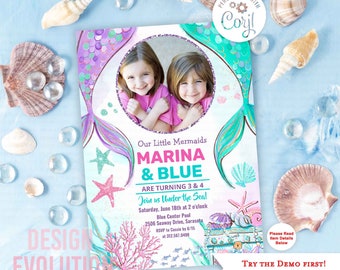 Mermaid Twin Birthday Invitation: Under the Sea Party (Digital Download)