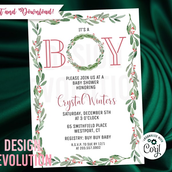 TRY DEMO FIRST - Boy Winter Green Wreath Holiday Christmas Baby Shower Invitation