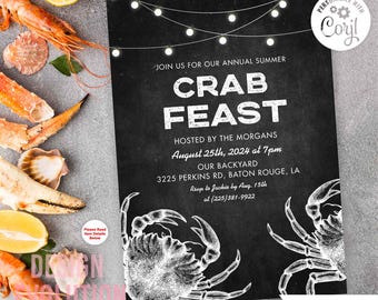May include: Blackboard style invitation for a crab feast. The invitation is decorated with white string lights and two white drawings of crabs. The text reads "Join us for our annual summer crab feast hosted by the Morgans August 25th, 2024 at 7pm our backyard 3225 Perkins Rd, Baton Rouge, LA RSVP to Jackie by Aug. 15th at (225)381-9922".