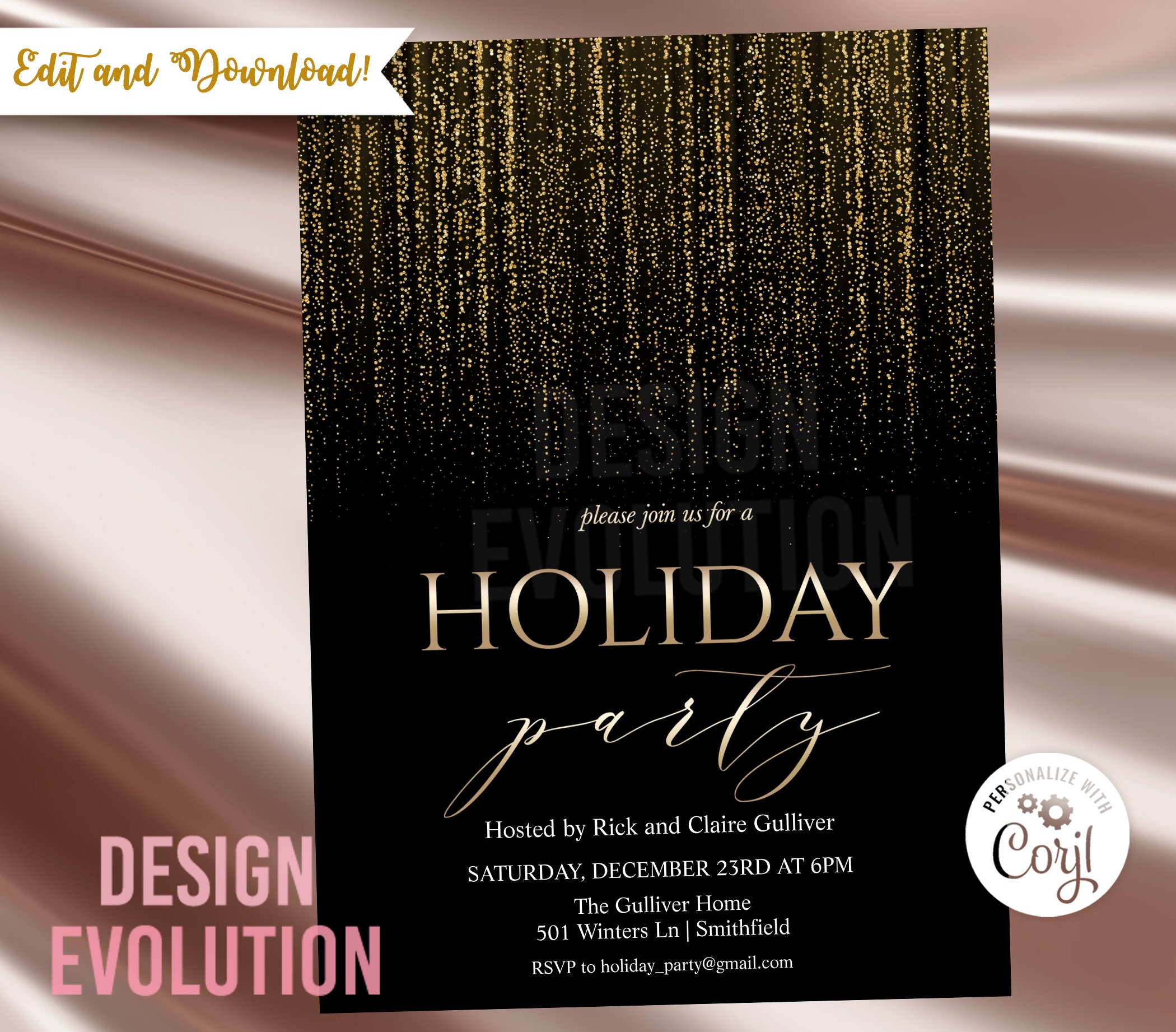 TRY DEMO FIRST - Holiday Christmas Party Glitter Metallic Lights Invitation