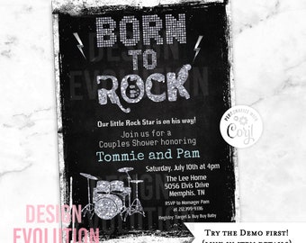 May include: Black and white invitation with silver glitter accents. The invitation says "Born to Rock" and is for a couples shower honoring Tommie and Pam. The invitation includes the date, time, and location of the shower. The invitation also includes a silver glitter drum set.