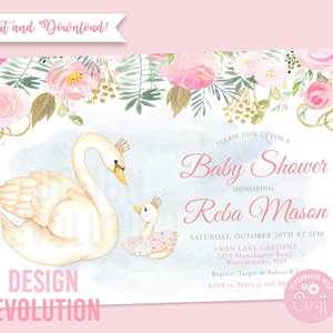 TRY DEMO FIRST - Mama and Baby Swan Floral Watercolor Baby Shower Invitation