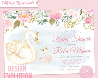 Puede incluir: Una invitación a una baby shower con una ilustración de acuarela de dos cisnes. El cisne más grande es blanco con una corona dorada y el cisne más pequeño lleva un tutú rosa. La invitación está decorada con flores rosas y detalles dorados. El texto de la invitación dice: "Por favor, únase a nosotros para una Baby Shower en honor a Reba Mason Sábado, 20 de octubre a las 3:00 pm Swan Lake Gardens 2310 Manchester Road. Westminster, MD Registro: Target & Babies R Us RSVP a Tanya al 443.860. PERSONALIZA CON COZY."